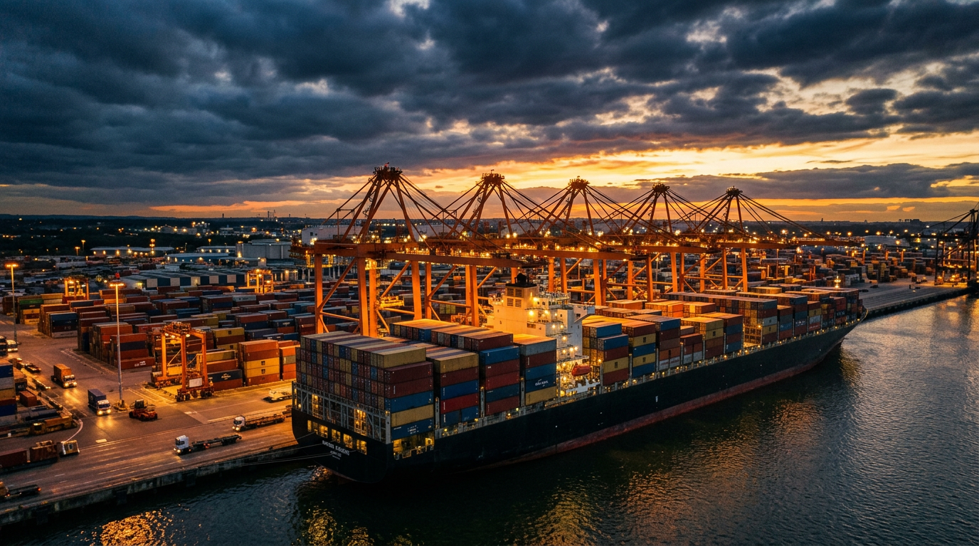Cargo ship with containers at an international port